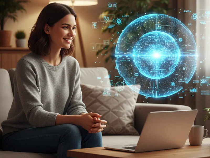 Egy fiatal nő beszélget egy fényből és adatból álló, holografikus AI modellel egy meleg, otthonos nappaliban. A jelenet a SEO és az AI közötti együttműködést szimbolizálja a digitális korszakban.