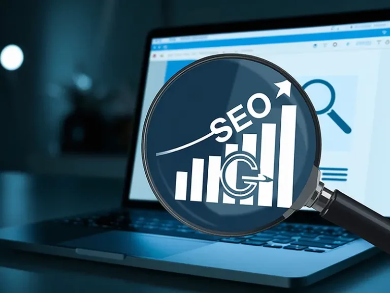 Ingyenes SEO elemzés egy weboldal keresőoptimalizálási állapotáról, grafikonokkal és SEO elemzést jelképező nagyítóval