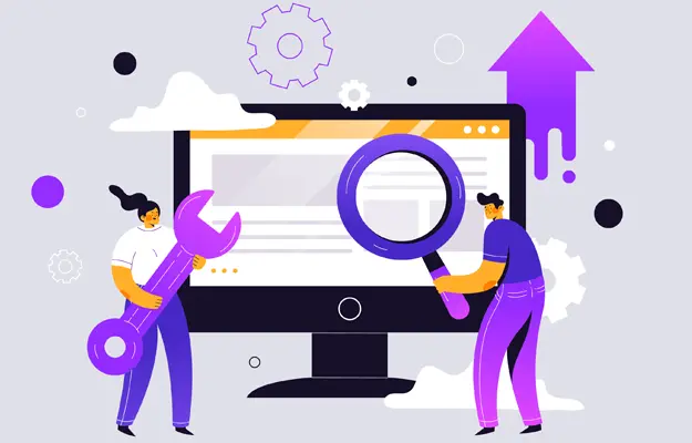 SEO tudástár, weboldal optimalizálást bemutató illusztráció keresőoptimalizálási eszközökkel és elemzéssel