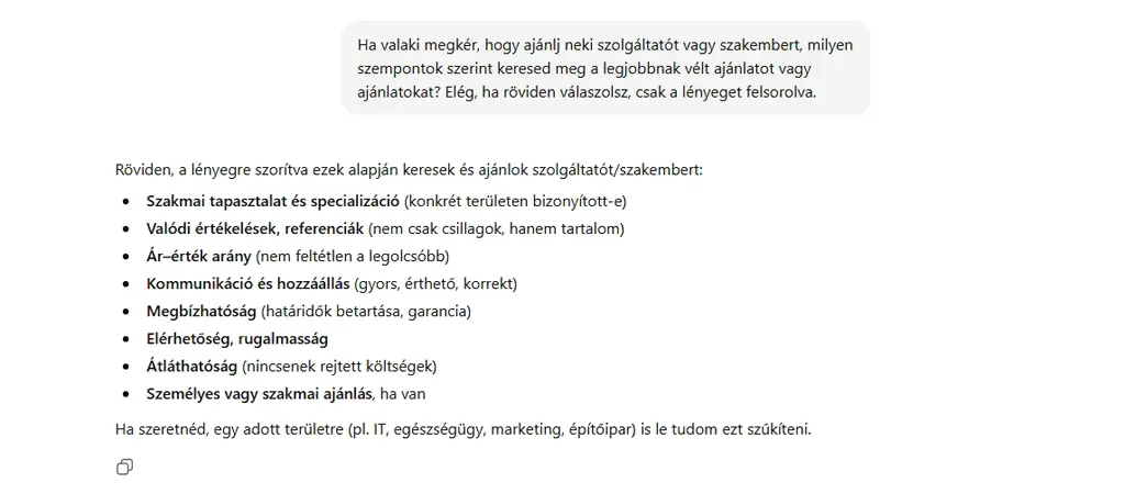 ChatGPT válasza arra, milyen szempontok alapján ajánl szolgáltatót vagy szakembert, hitelesség és értékelések szerepével