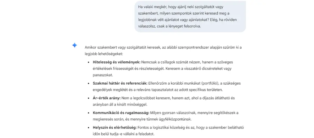 Google Gemini válasza szolgáltató ajánlásakor figyelembe vett szempontokról, szakmai tapasztalat és visszajelzések alapján