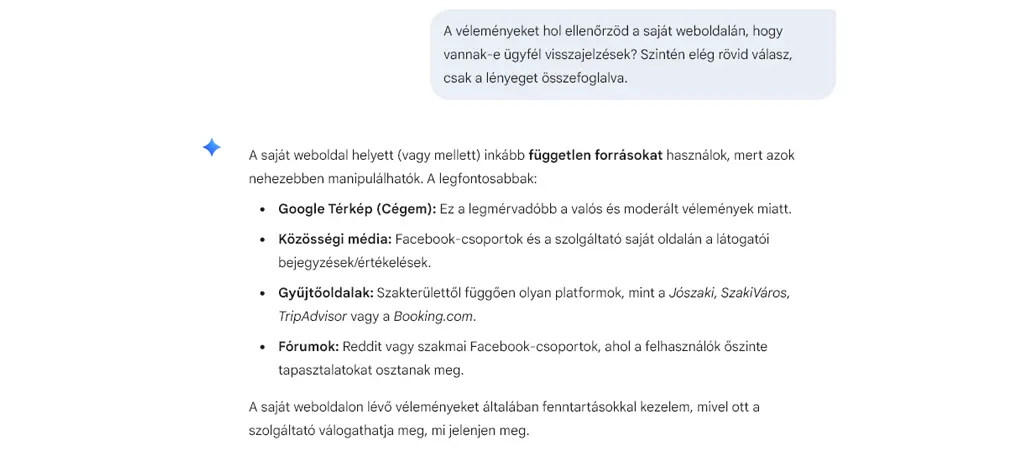 Google Gemini válasza arra, hol ellenőrzi egy szolgáltató hitelességét és ügyfélvéleményeit a keresés során