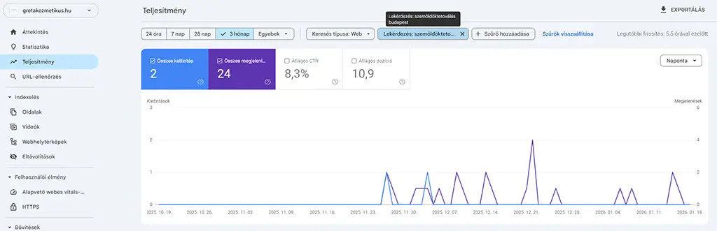 Szemöldöktetoválás Budapest kulcsszó organikus pozíciója egy új lokális szolgáltatás weboldalán
