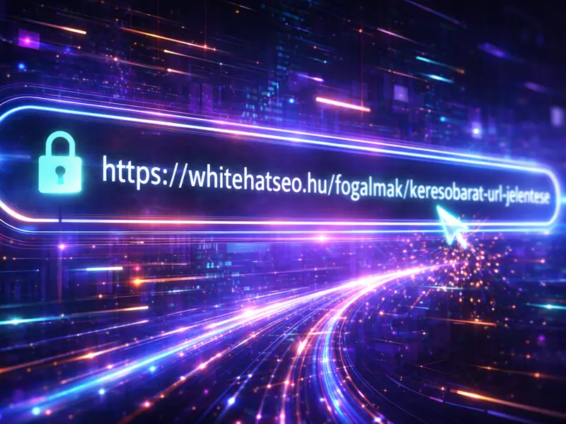 keresőbarát URL jelentése és struktúrát bemutató digitális illusztráció, modern böngészősáv megjelenítéssel és SEO optimalizált webcím példával