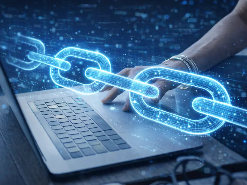 Laptop billentyűzet fölött megjelenő digitális lánc grafika, amely a weboldalak közötti hivatkozások és a backlinkek kapcsolatát jelképezi