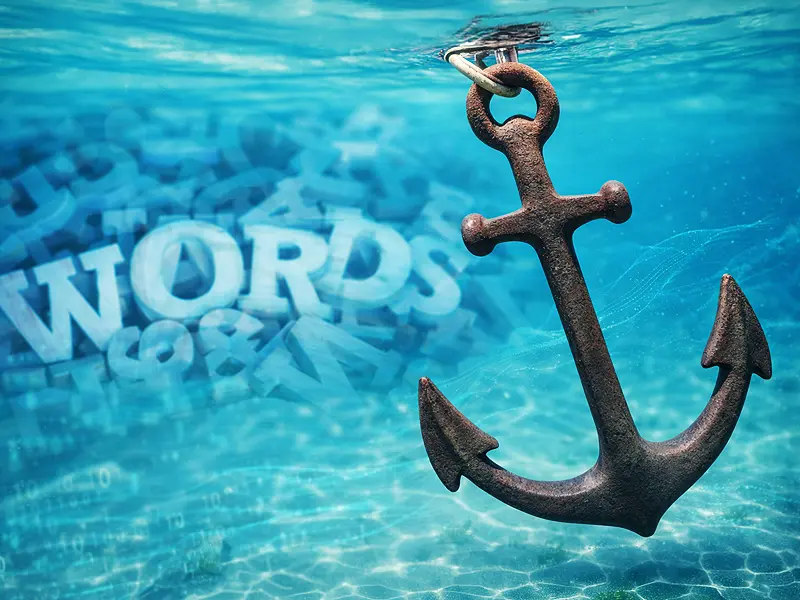 horgony a víz alatt szavakkal a háttérben, amely a horgonyszöveg jelentését és a keresőoptimalizálásban betöltött szerepét szemlélteti