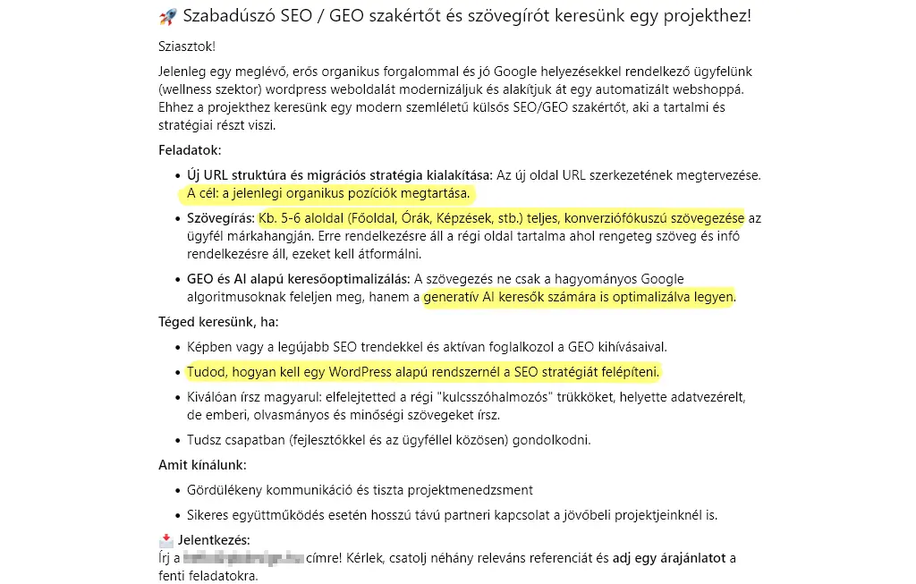 SEO szakértőt kereső álláshirdetés képernyőképe URL struktúra migrációval, AI keresőoptimalizálási elvárásokkal és WordPress SEO stratégia említésével