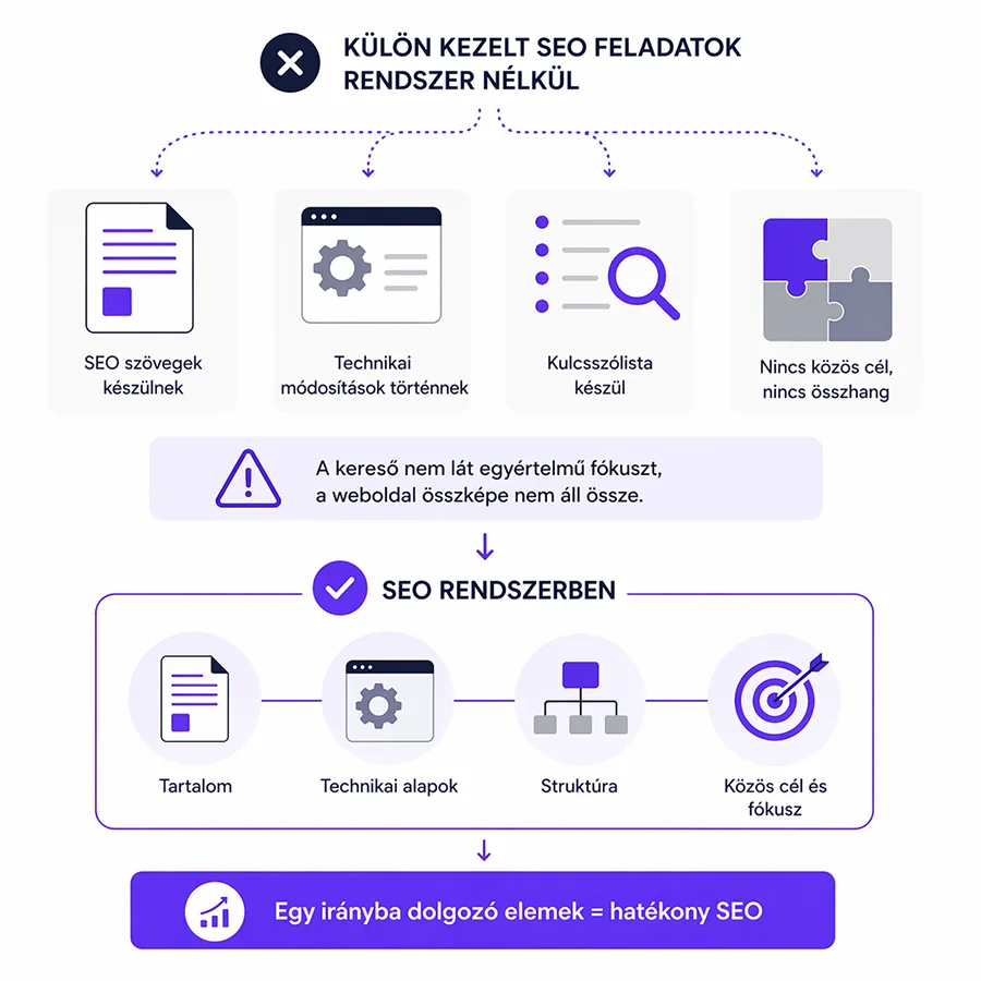 Külön kezelt SEO feladatok rendszer nélkül és SEO rendszerben működő weboldal optimalizálás ábrázolása