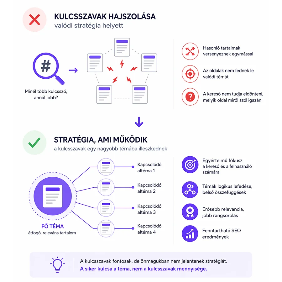 Kulcsszavak hajszolása SEO stratégia nélkül és a jól működő keresőoptimalizálási rendszer szemléltetése