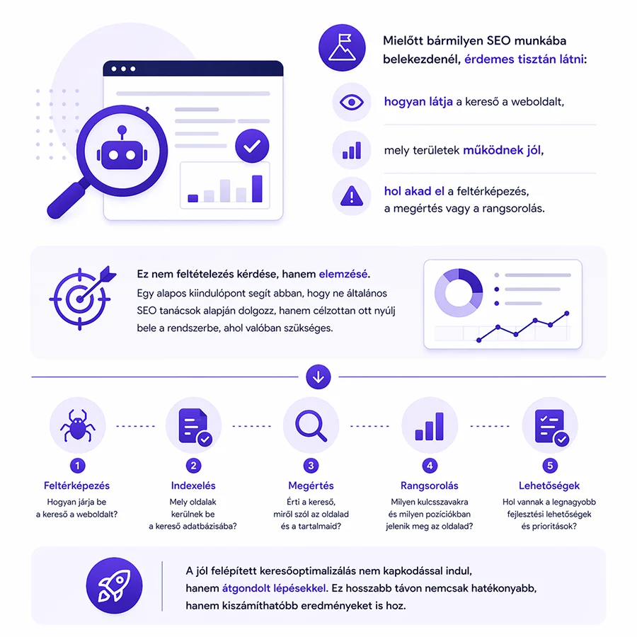 SEO elemzés lépéseinek összefoglalása feltérképezéstől a rangsorolási lehetőségekig
