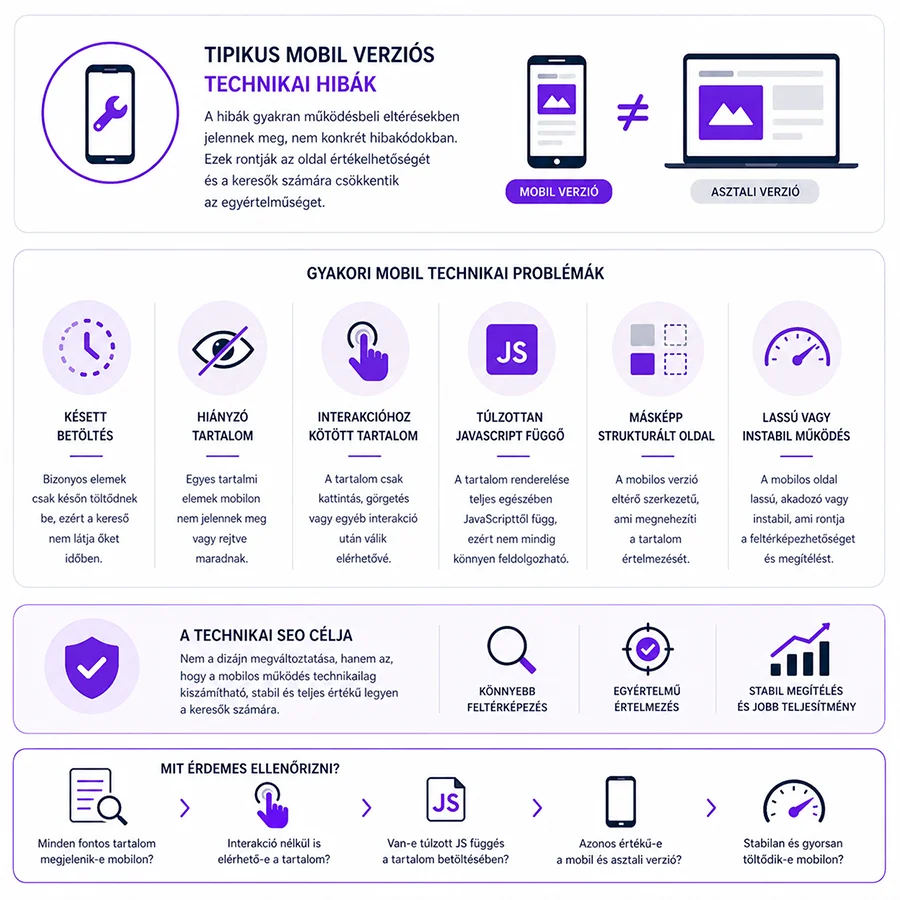 Weboldal mobil verzió tipikus technikai SEO hibák és mobilos működési problémák