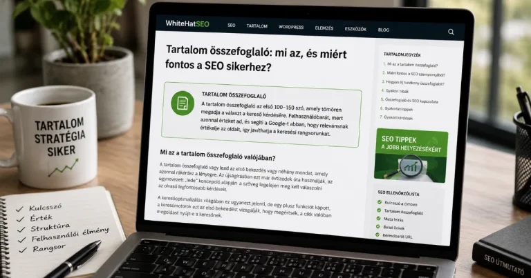 Laptopon megjelenő SEO cikk a tartalom összefoglaló szerepéről, kulcsszavakkal, felhasználói élménnyel és keresési rangsorral kapcsolatos jegyzetekkel.