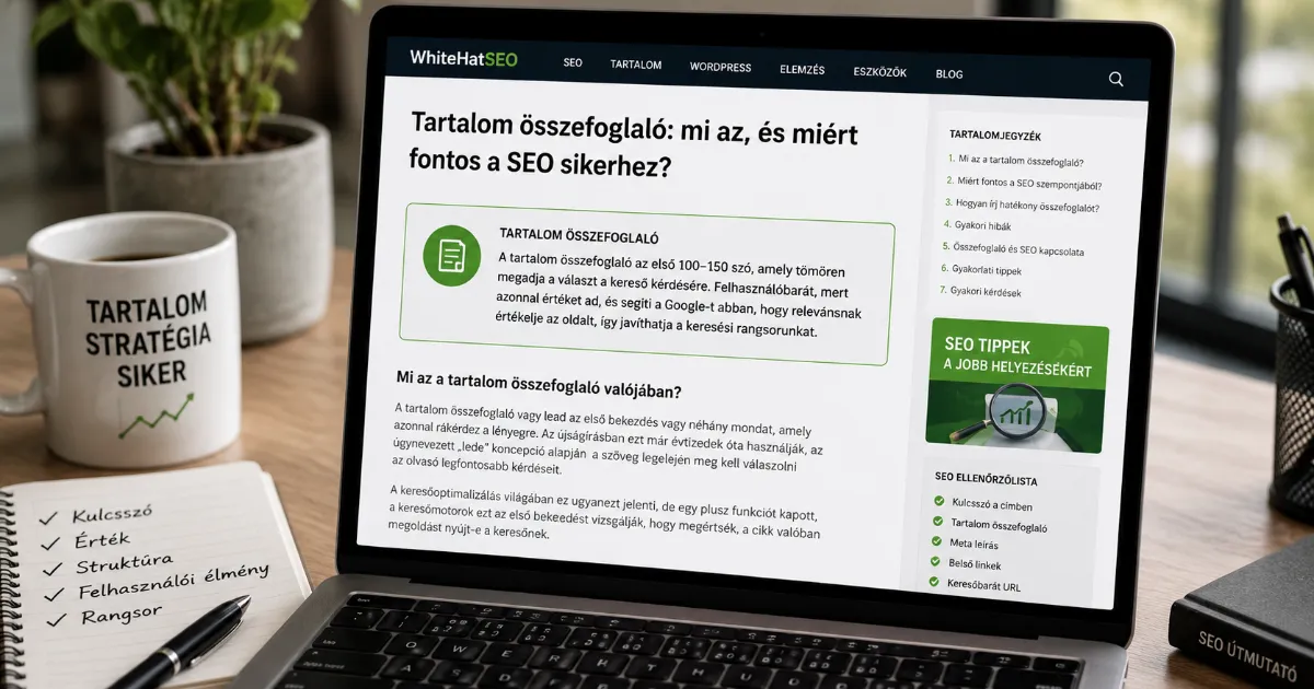 Laptopon megjelenő SEO cikk a tartalom összefoglaló szerepéről, kulcsszavakkal, felhasználói élménnyel és keresési rangsorral kapcsolatos jegyzetekkel.