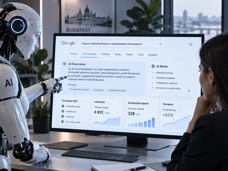 AI robot és SEO szakember közösen elemzi a Google AI Overviews és AI Mode keresési felületét, az AI keresőoptimalizálás 2026-os lehetőségeit szemléltetve